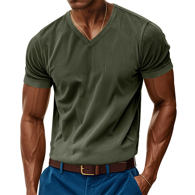 Men's Casual Corduroy V-neck Slim Short-sleeved T-shirt 9906104565944