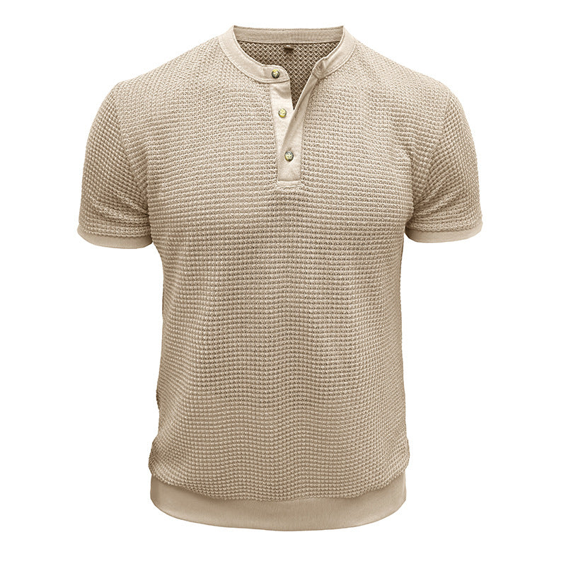Men's Casual Waffle Cotton Henley Collar Loose Short Sleeve T-Shirt 9912945344696