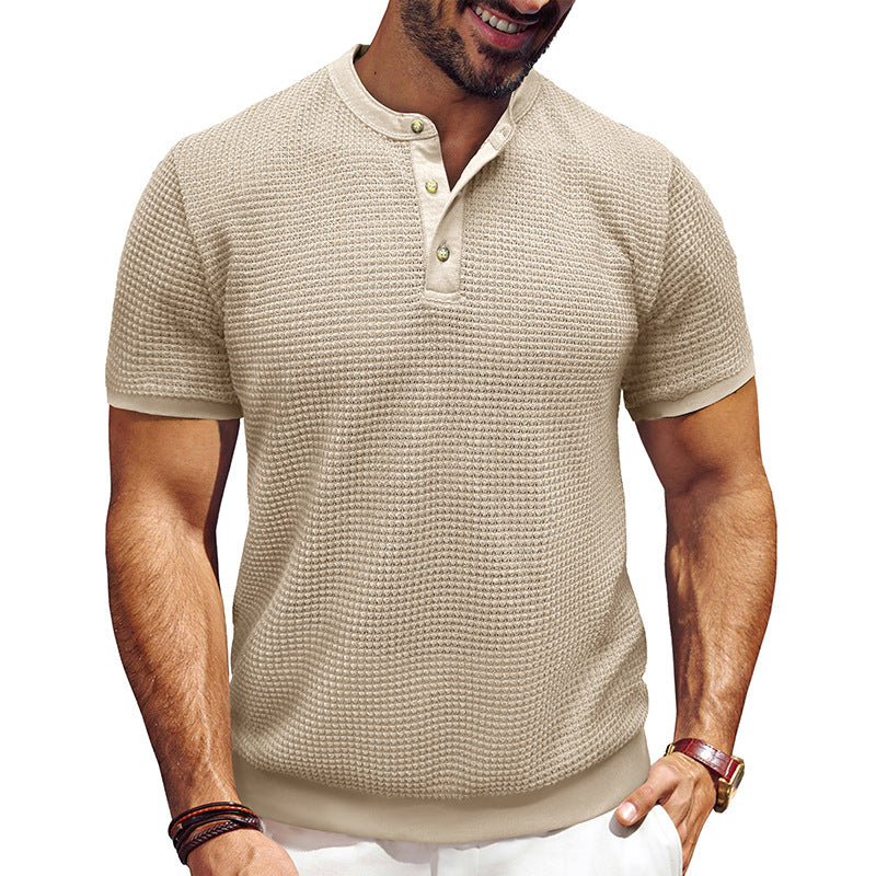 Men's Casual Waffle Cotton Henley Collar Loose Short Sleeve T-Shirt 9912945344696