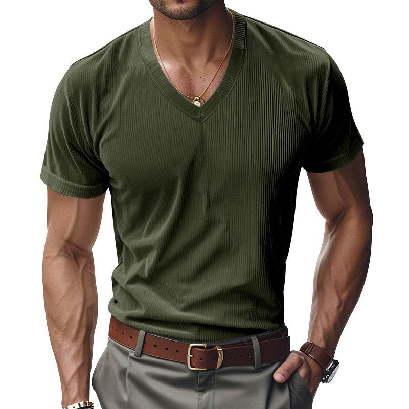 Men's Casual Corduroy V-neck Slim Short-sleeved T-shirt 9906104565944