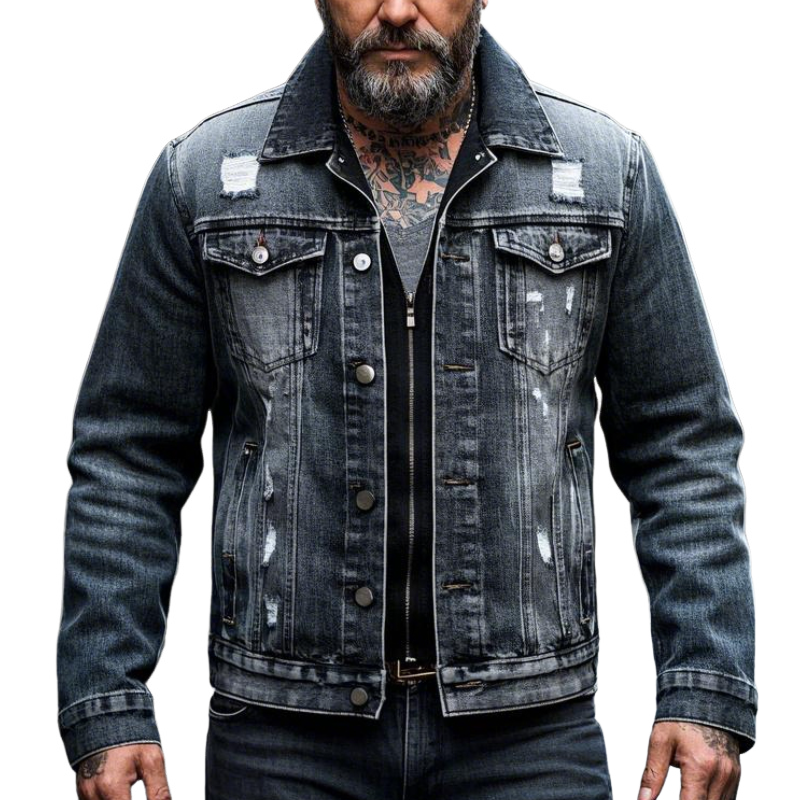 Men's Retro Casual Lapel Ripped Denim Jacket 9903595716792