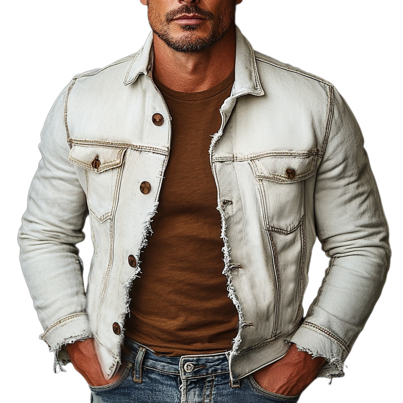 Men's Vintage White Brushed Distressed Denim Jacket 9912946852024