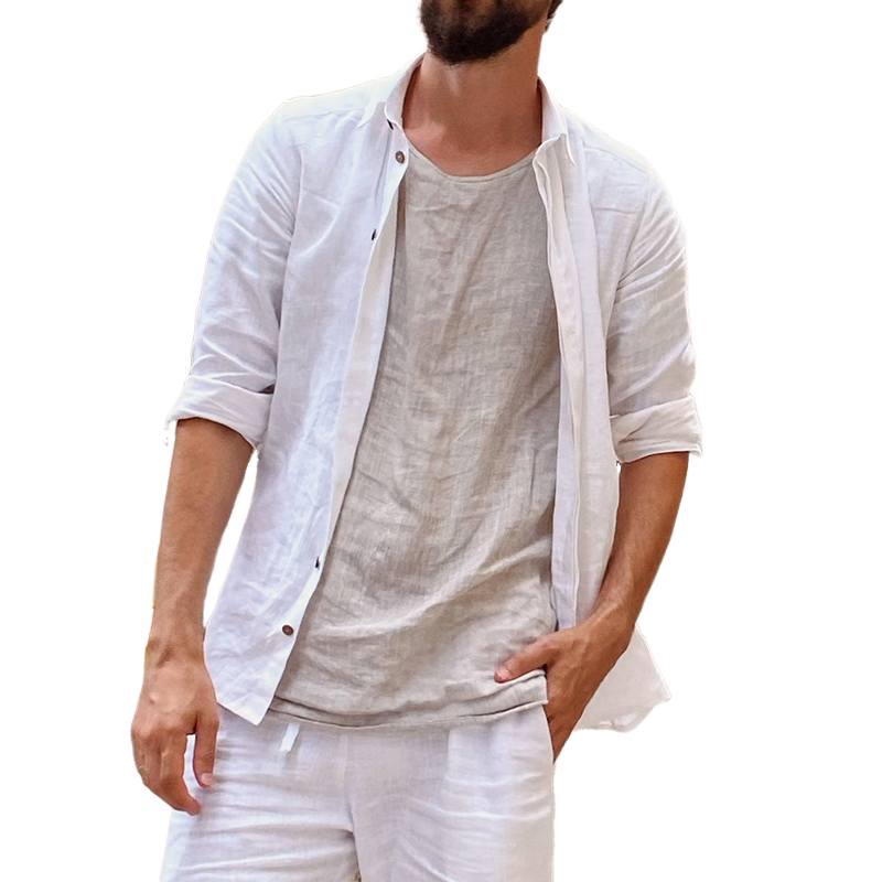 Men's Cotton and Linen Casual Lapel Long-sleeved Shirt 9893975785656