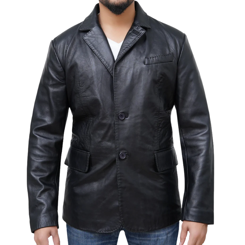 Men's Classic Vintage Lapel Two Button Leather Blazer 9893976146104
