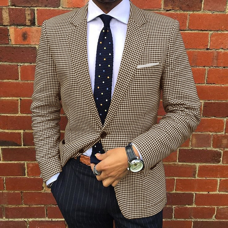 Men's Business Houndstooth Pattern Button Notch Lapel Blazer 9888556023992