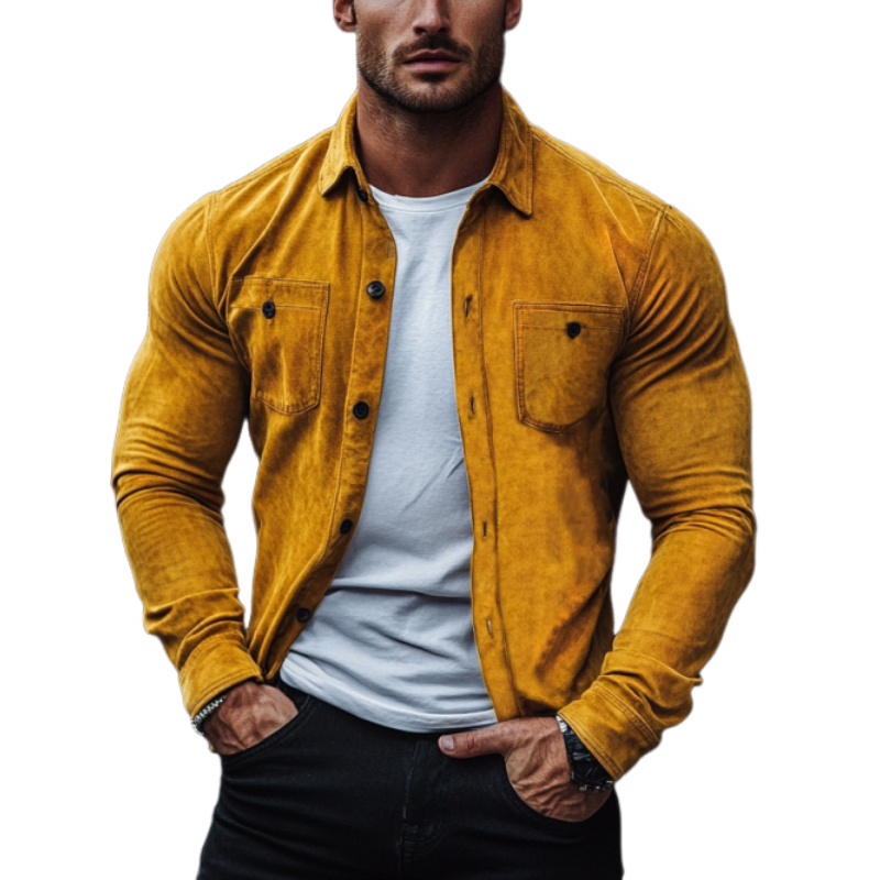 Men's Fashion Suede Slim Fit Lapel Long-Sleeved Shirt 9892052992184