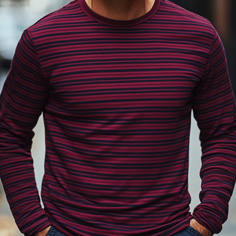 Men's Burgundy Striped Round Neck Long Sleeve T-Shirt 9891529162936