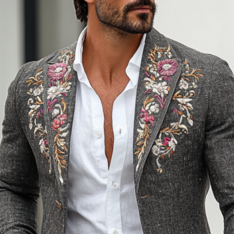 Men's Vintage Classic Slim Fit Rose Embroidered Linen Blazer 9892391911608