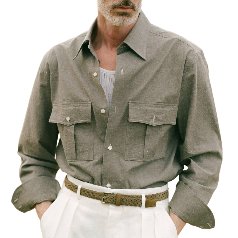 Men's Casual Lapel Cotton and Linen Long-sleeved Shirt 9893974966456