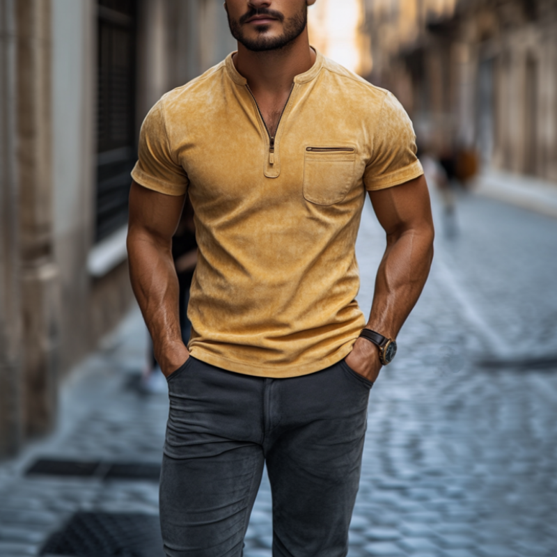 Men's Classic Casual Slim Fit V-Neck Zipper Pocket Suede Short Sleeve T-Shirt 9903595684024