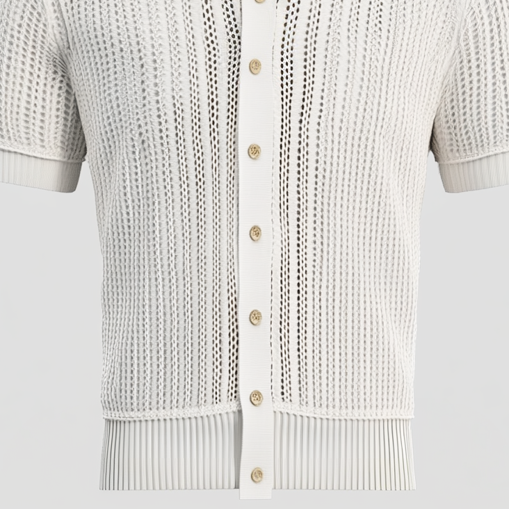 Men's Turndown Collar Button Short Sleeve Hollow Out Knitted Shirt 9913235505336
