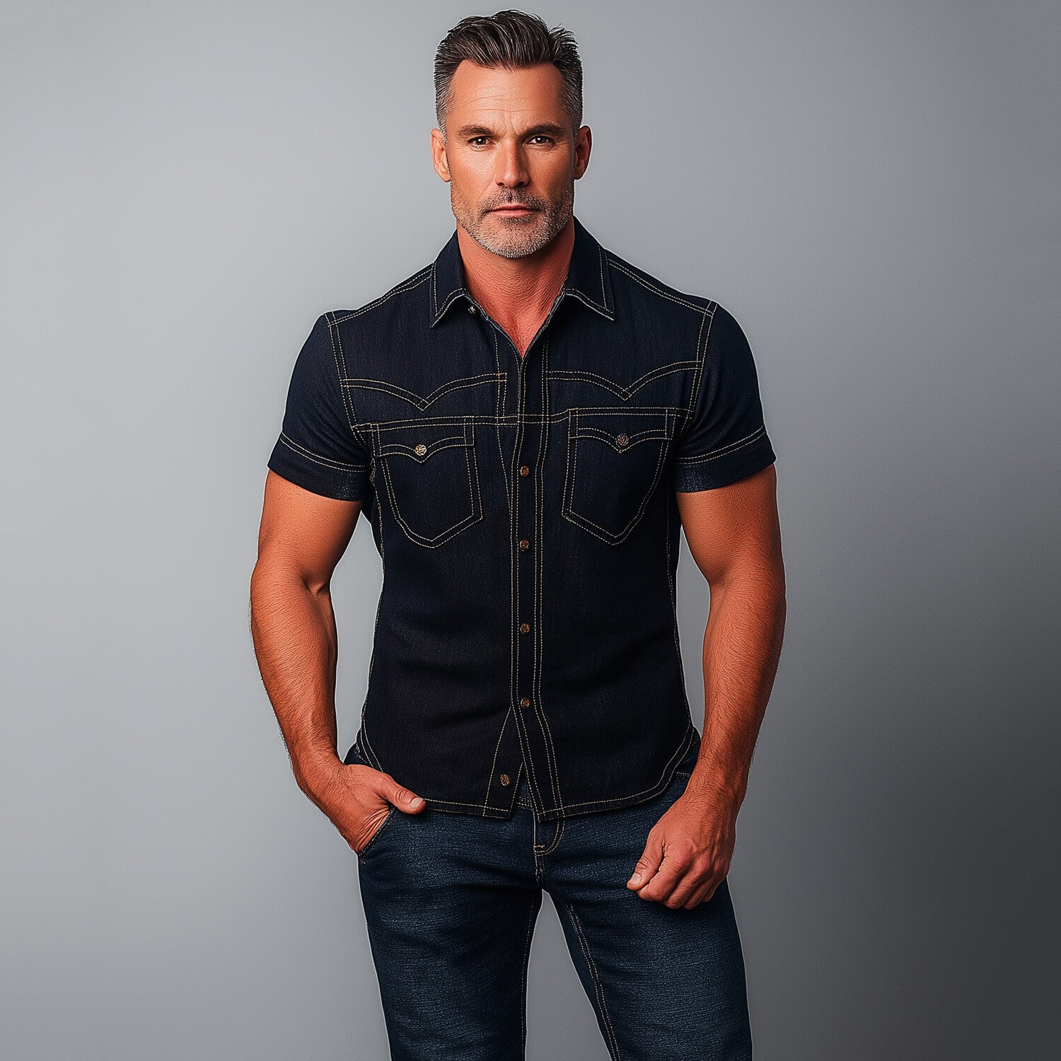Men's Turndown Collar Short Sleeve Button Contrast Stitch Denim Shirt 9953098367160