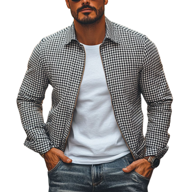 Men's Vintage Houndstooth Lapel Zippered Slim Fit Jacket 9899714740408