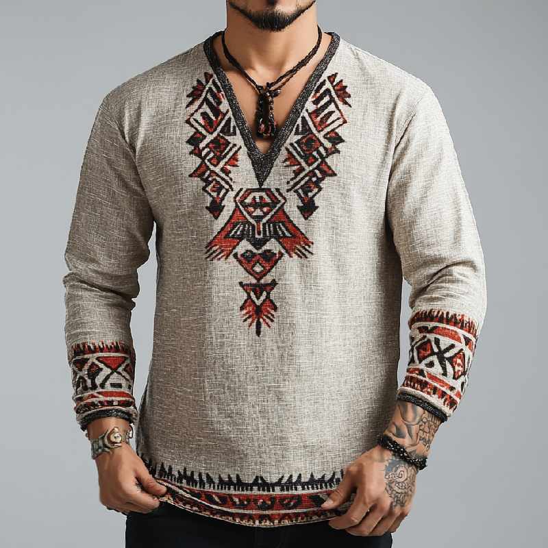 Men's Fashionable All-match V-neck Cotton and Linen Printed Long-sleeved T-shirt 9902007845048