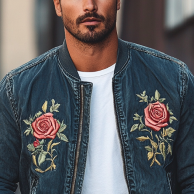 Men's Classic Casual Embroidered Denim Bomber Jacket 9892391846072