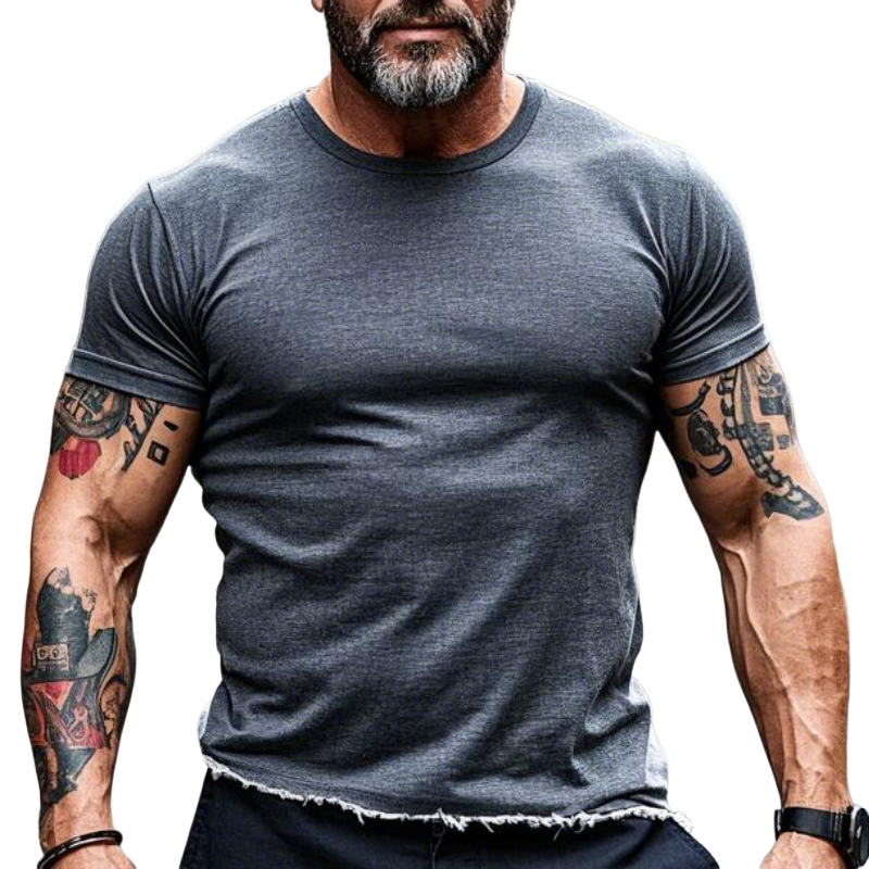 Men's Vintage Casual Round Neck Raw Edge Cotton Blend Short Sleeve T-shirt 9903594700984