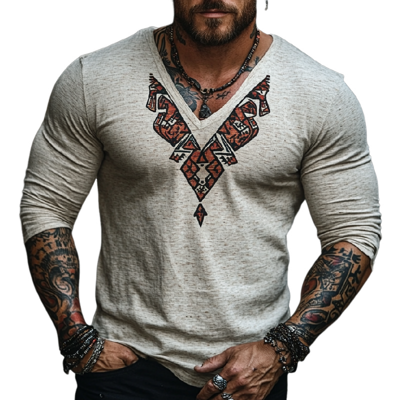 Men's Casual Slim Fit V-Neck Printed Cotton Long Sleeve T-Shirt 9902009843896