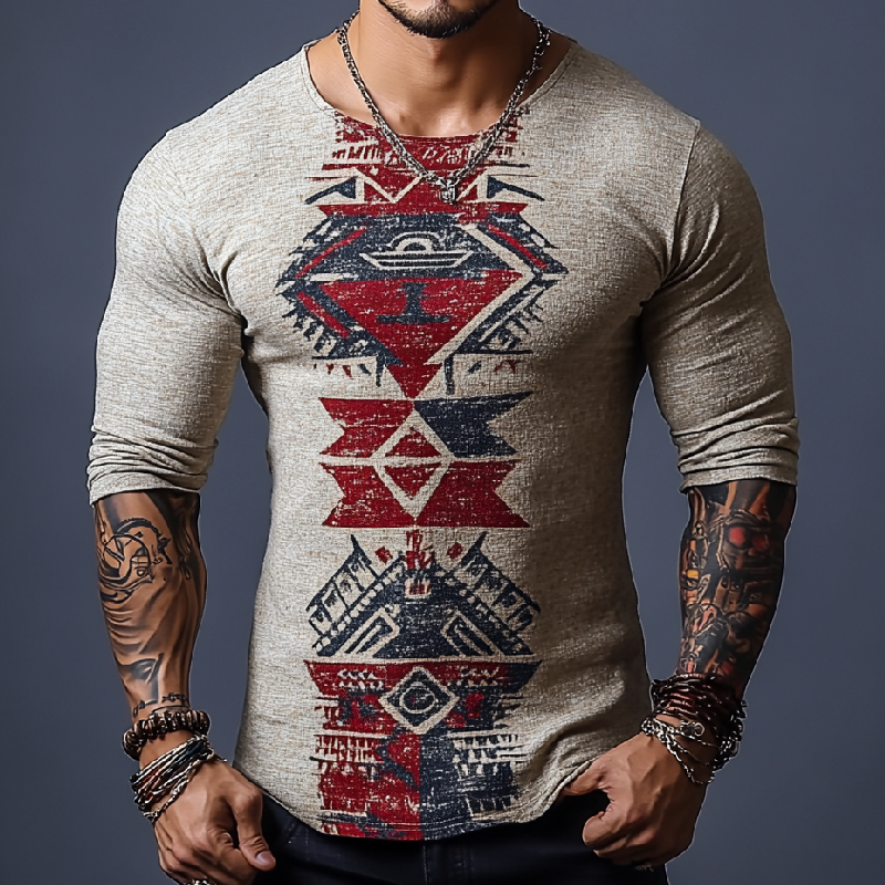 Men's All-match Slim Round Neck Knitted Printed Long-sleeved T-shirt 9903258239160