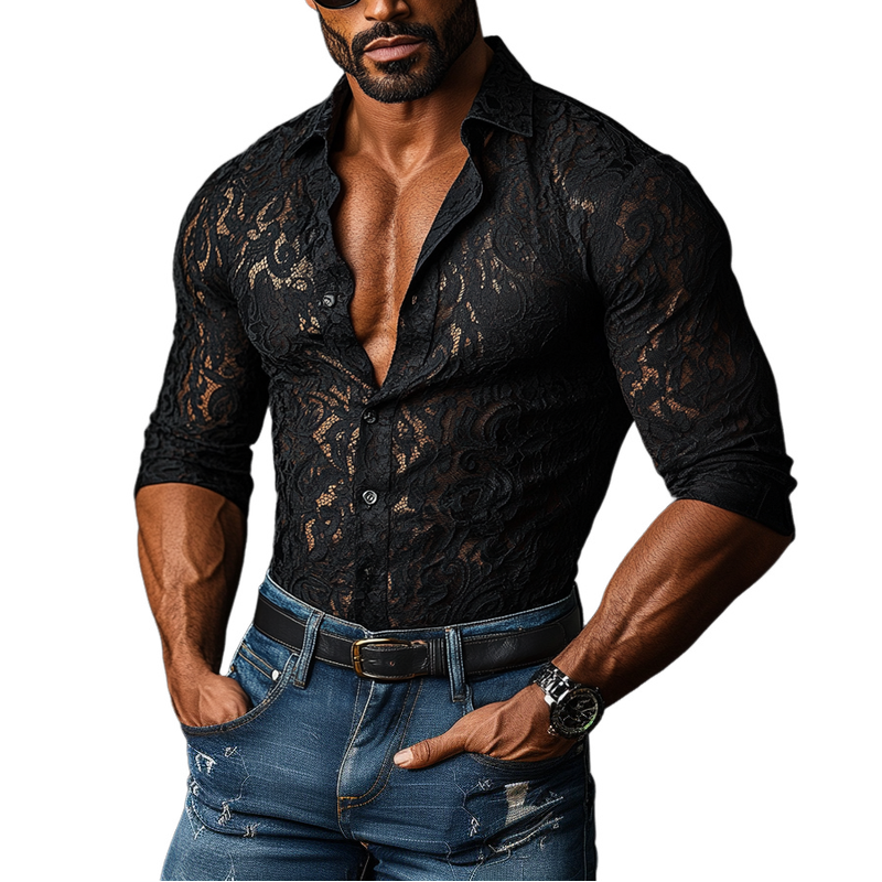 Men's Fashion Lace Slim Fit Lapel Long Sleeve Shirt 9894195822776