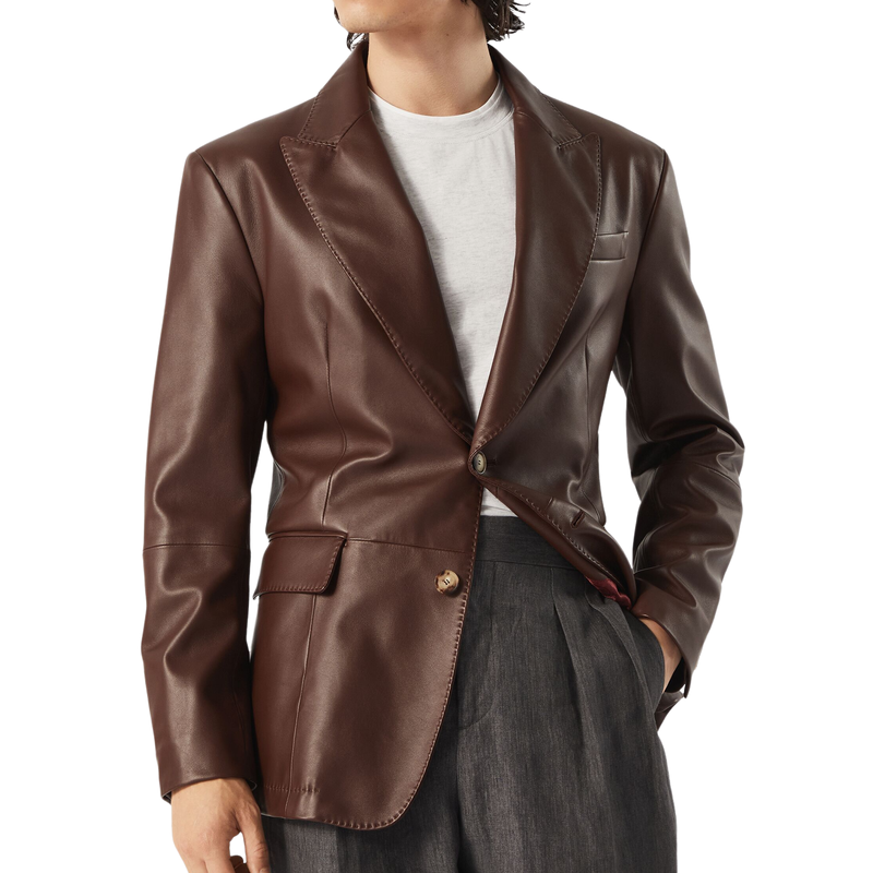 Men's Casual Lapel Two-button Leather Blazer 9891528507576