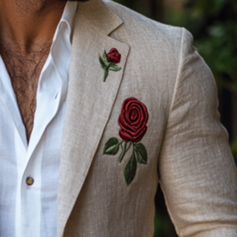 Men's Casual Slim Fit Rose Embroidered Linen Blazer 9892391944376
