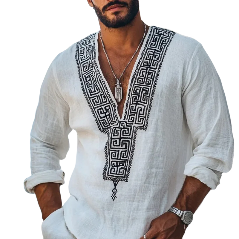 Men's Fashion Embroidery V Neck Long Sleeve Cotton And Linen Shirt 9899715100856