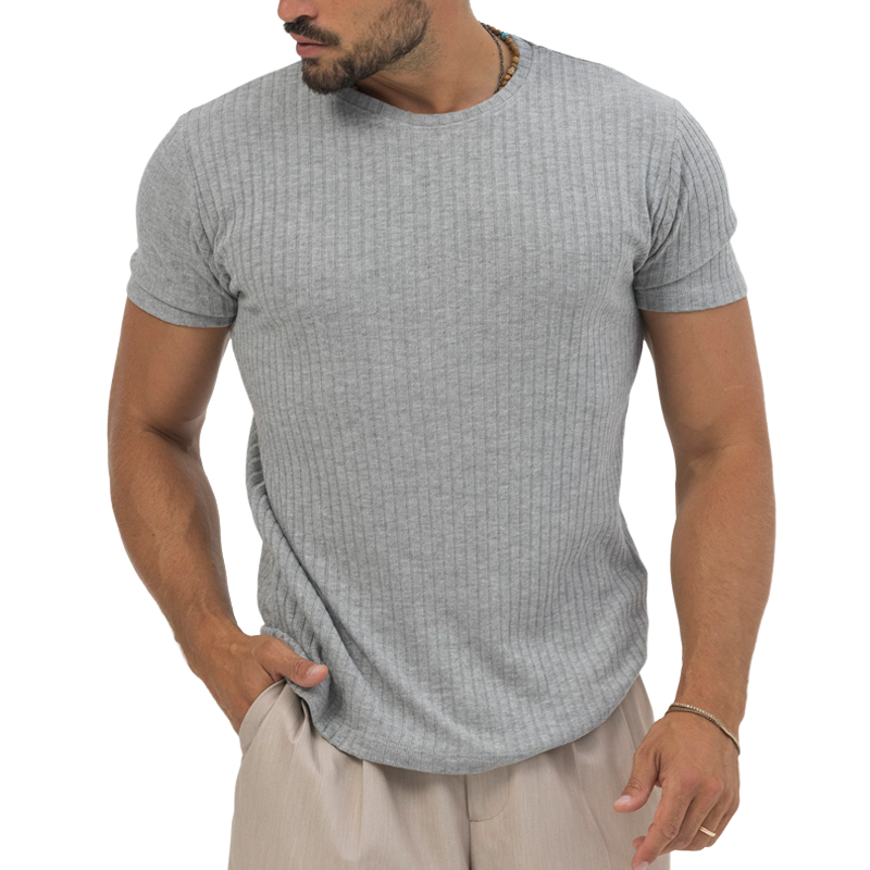 Men's Comfort Stretch Cotton Blend Striped Round Neck Short Sleeve T-shirt 9918990450872