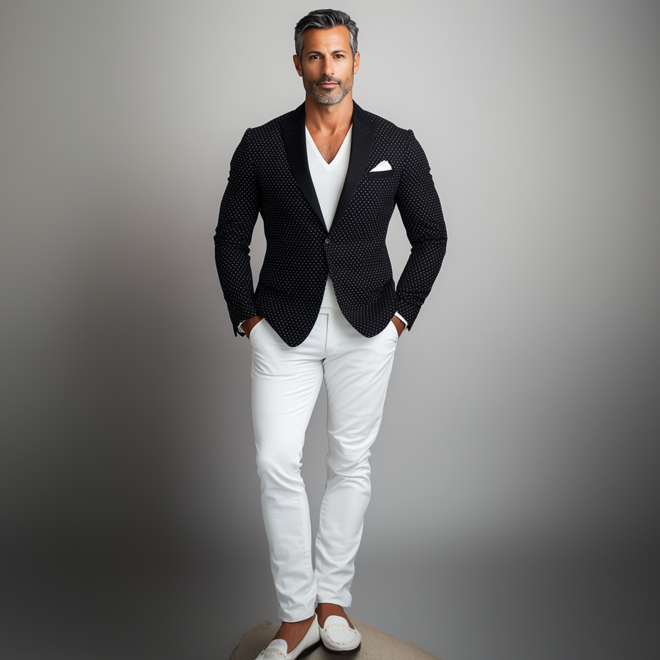 Men's Polka Dot Peaked Lapel One Button Long Sleeve Chest Pocket Blazer 9899606737080