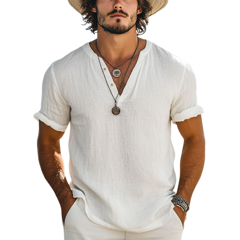 Men's Casual Simple V-neck Linen Short-sleeved T-shirt 9899738267832