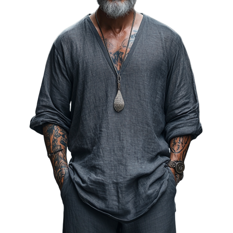 Men's Vintage Casual V-Neck Blended Long Sleeve T-Shirt 9905397268664