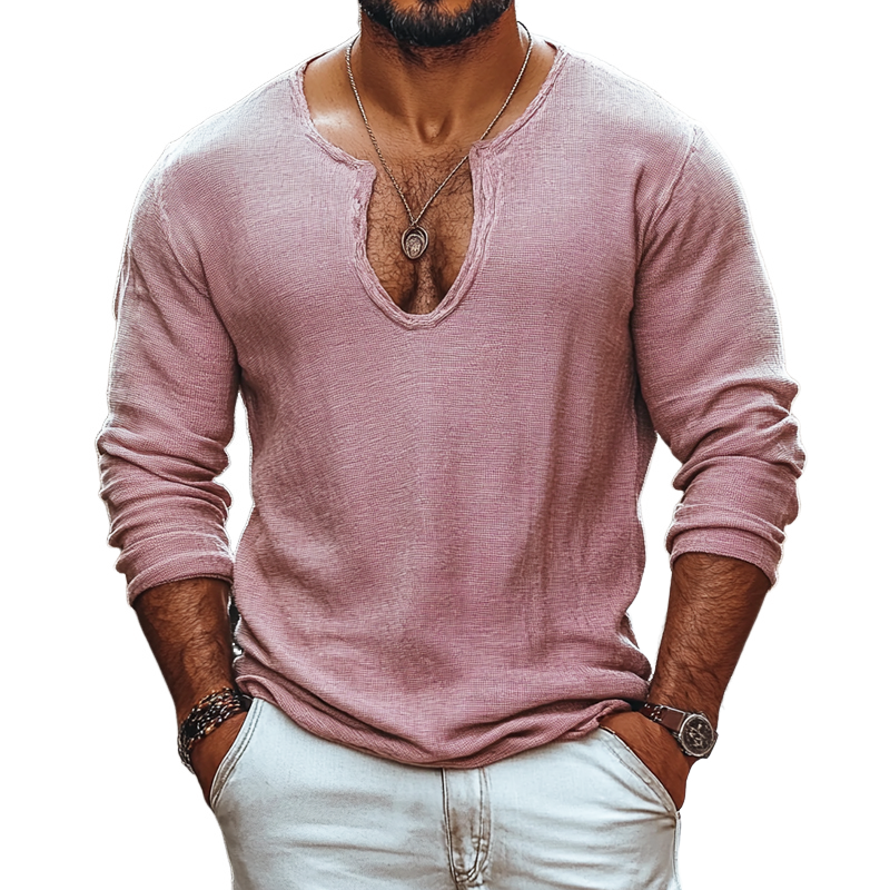 Men's Solid Color U Neck Long Sleeve Casual T-shirt 9903250374840