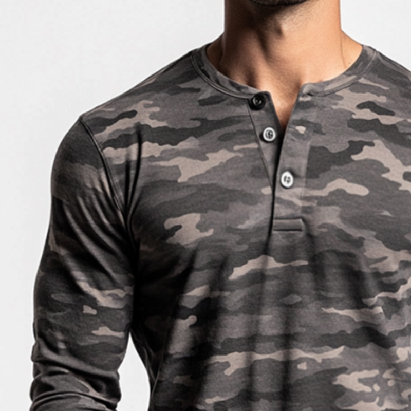 Men's Vintage Casual Camouflage Print Henley Neck Long Sleeve T-Shirt 9899719753912