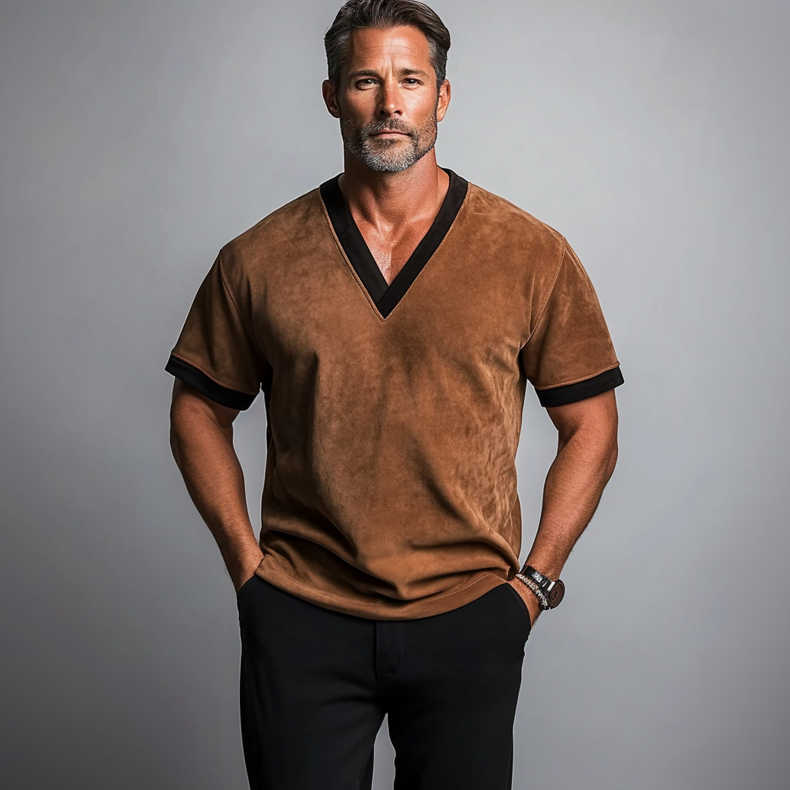 Men's V Neck Short Sleeve Suede Contrast Binding T-Shirt 9913235636408
