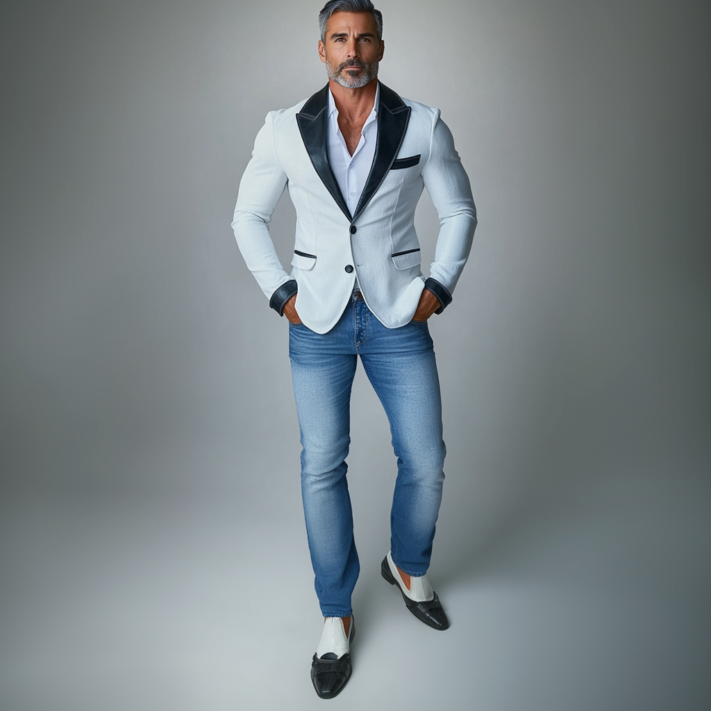 Men's Lapel Collar Two Button Contrast PU Leather Patchwork Blazer 9899607916728