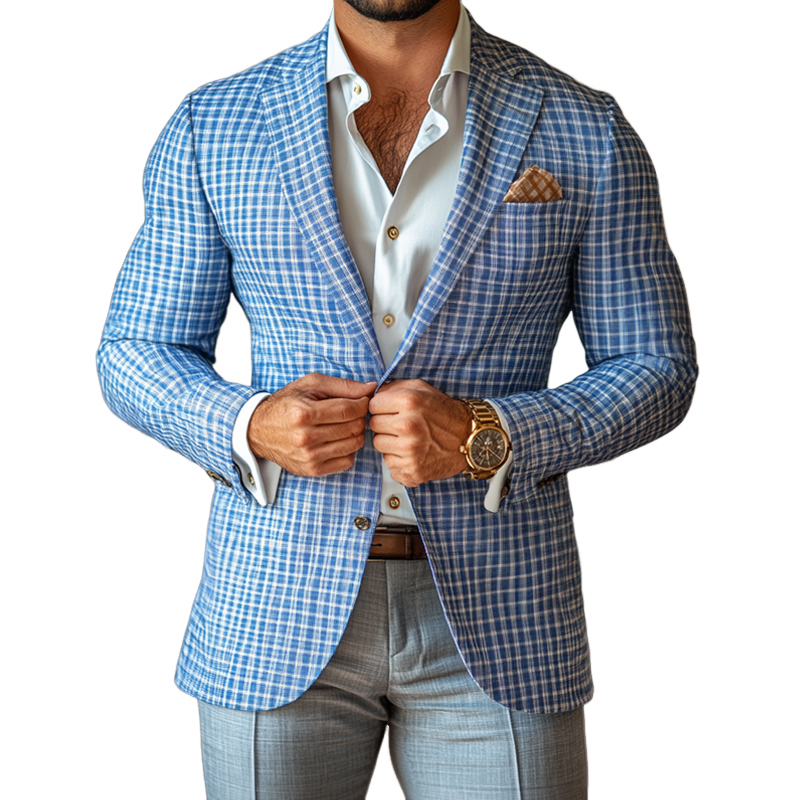 Men's Fashion Spring Summer Checked Notch Lapel Two Buttons Blazer 9909012201656