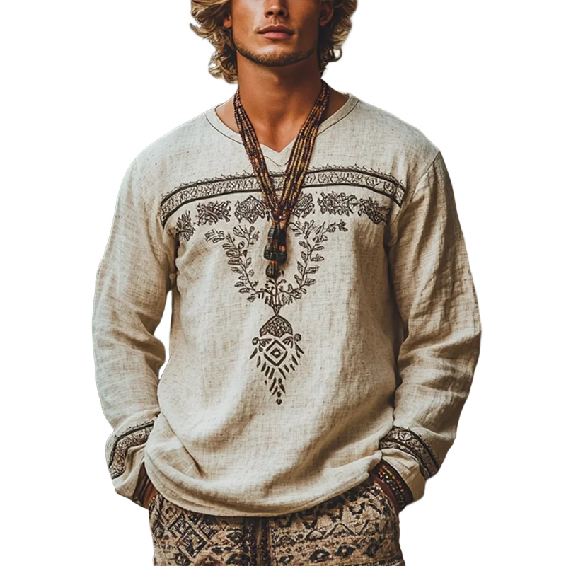 Men's Vintage Embroidery Cotton and Linen V Neck Long Sleeve Shirt 9899712676024