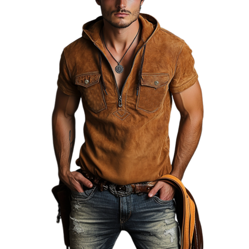 Men's Classic Western Fit Embroidered Suede Hooded V-Neck T-Shirt 9903258697912