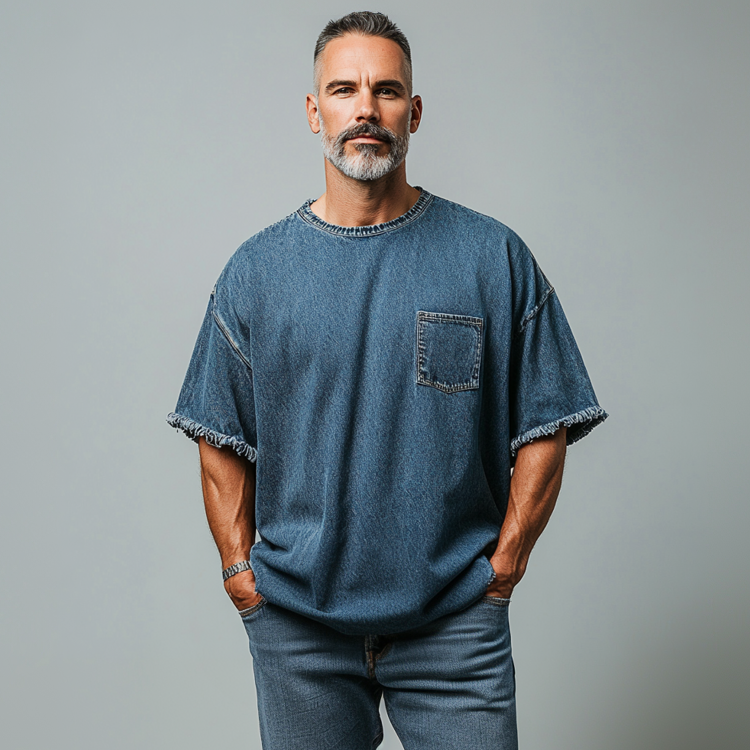 Men's Denim Raw Edge Chest Pocket Drop Shoulder Short Sleeve T-Shirt 9899607851192