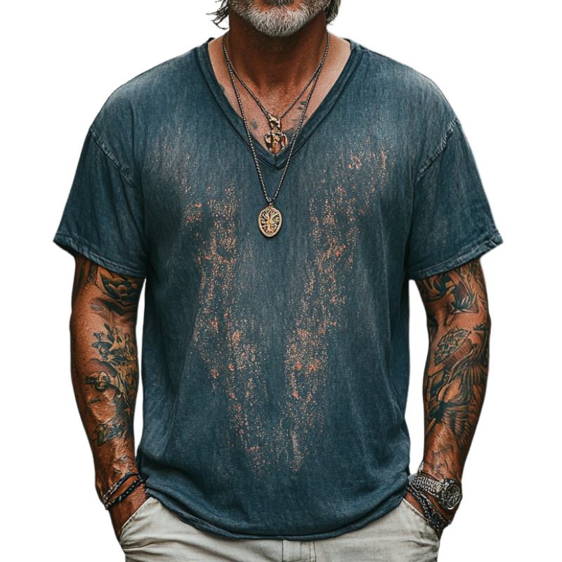Men's Casual Vintage V-neck Cotton Blend Digital Print Short-sleeved T-shirt 9912946589880