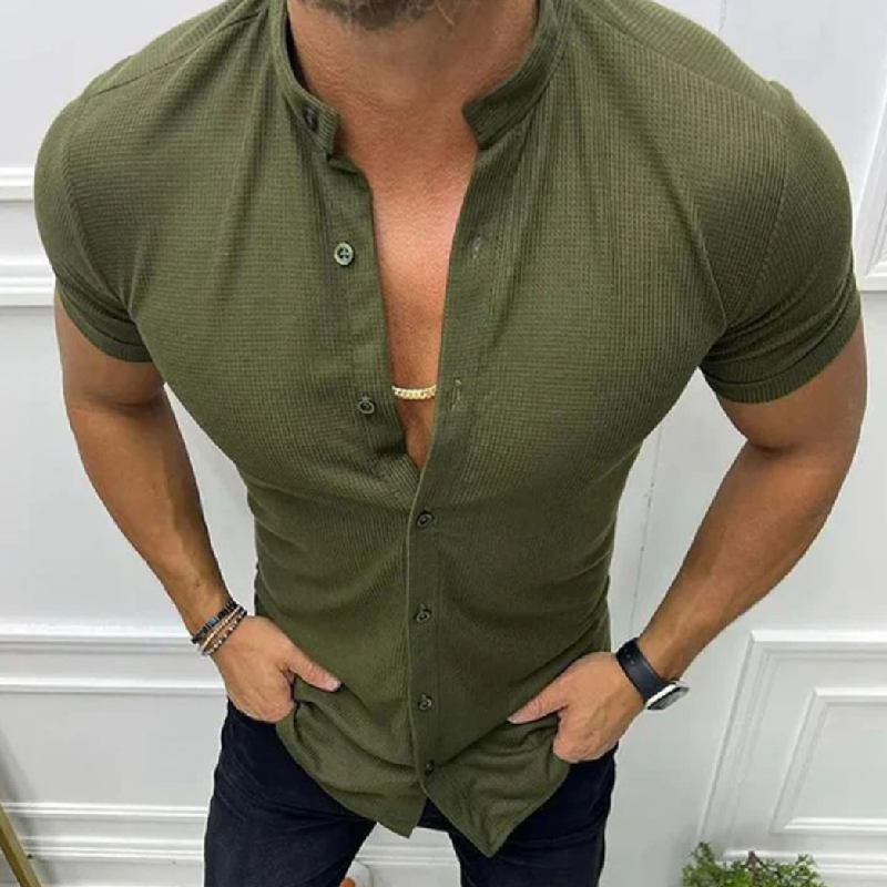 Men's Casual Waffle Collar Slim Fit Short Sleeve Shirt 9901320765624