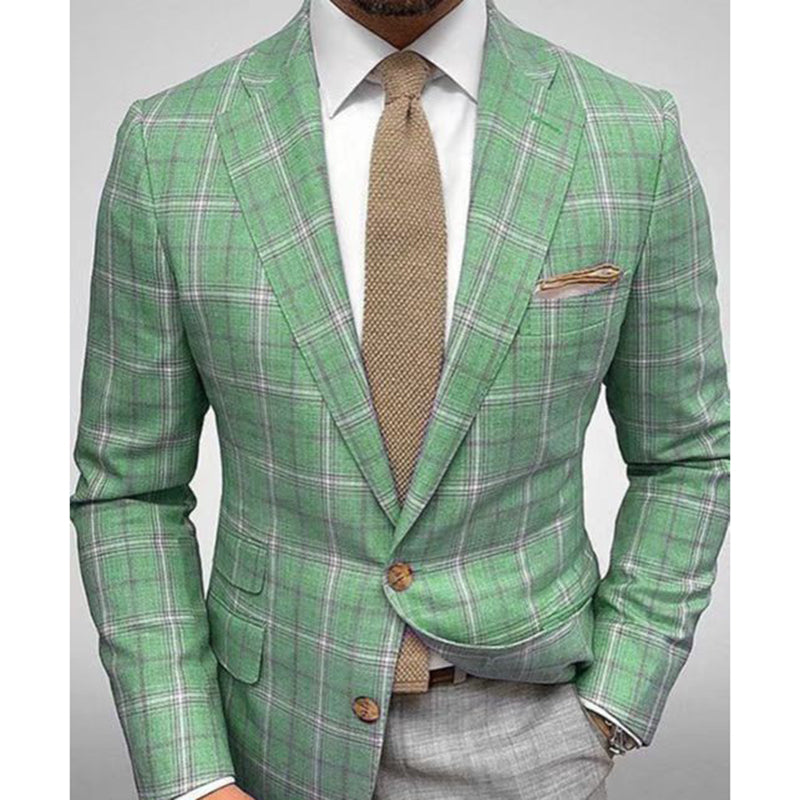 Business Plaid Lapel Collar Two Buttons Long Sleeve Blazer 9888555925688