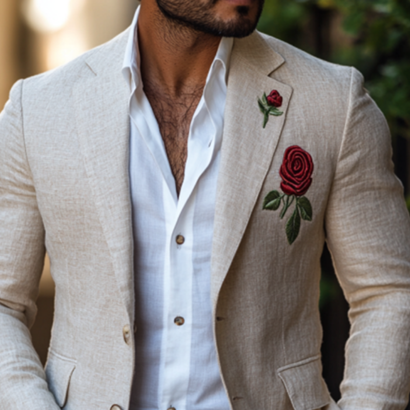 Men's Casual Slim Fit Rose Embroidered Linen Blazer 9892391944376