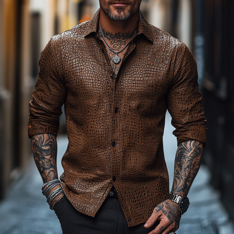 Men's Retro Slim Fit Crocodile Print Leather Long Sleeve Shirt 9901319356600