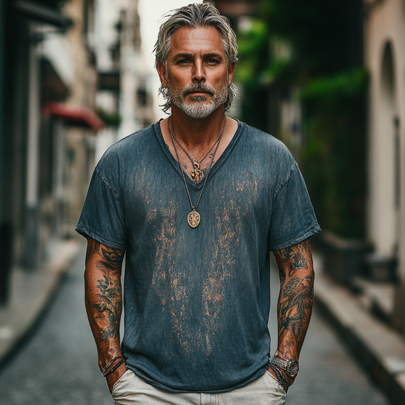 Men's Casual Vintage V-neck Cotton Blend Digital Print Short-sleeved T-shirt 9912946589880