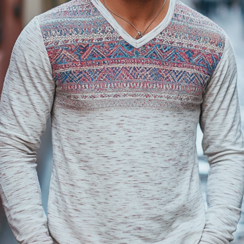 Men's Vintage Casual Cotton Blended Digital Printed V-Neck Long Sleeve T-Shirt 9911546871992