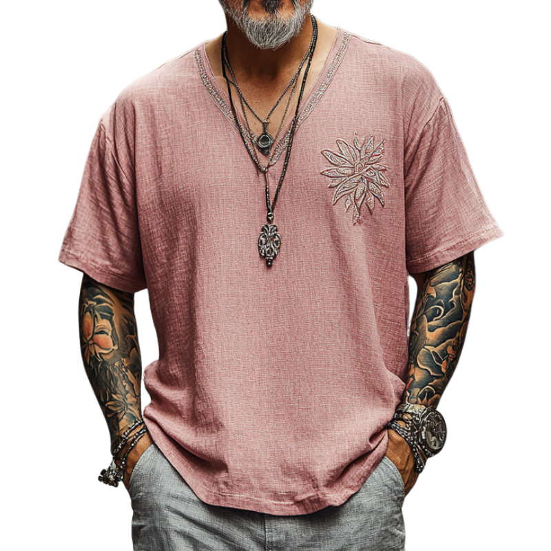 Men's Casual Vintage V-neck Cotton Blend Embroidered Short-sleeved T-shirt 9912946294968