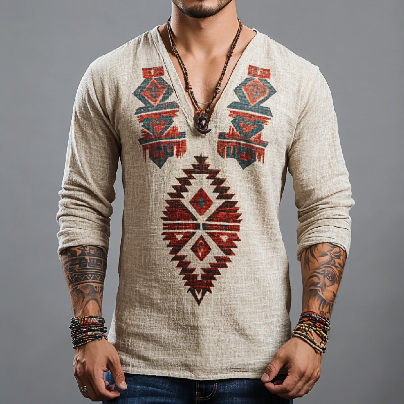 Men's Casual V-neck Cotton and Linen Printed Long Sleeve T-shirt 9902007910584