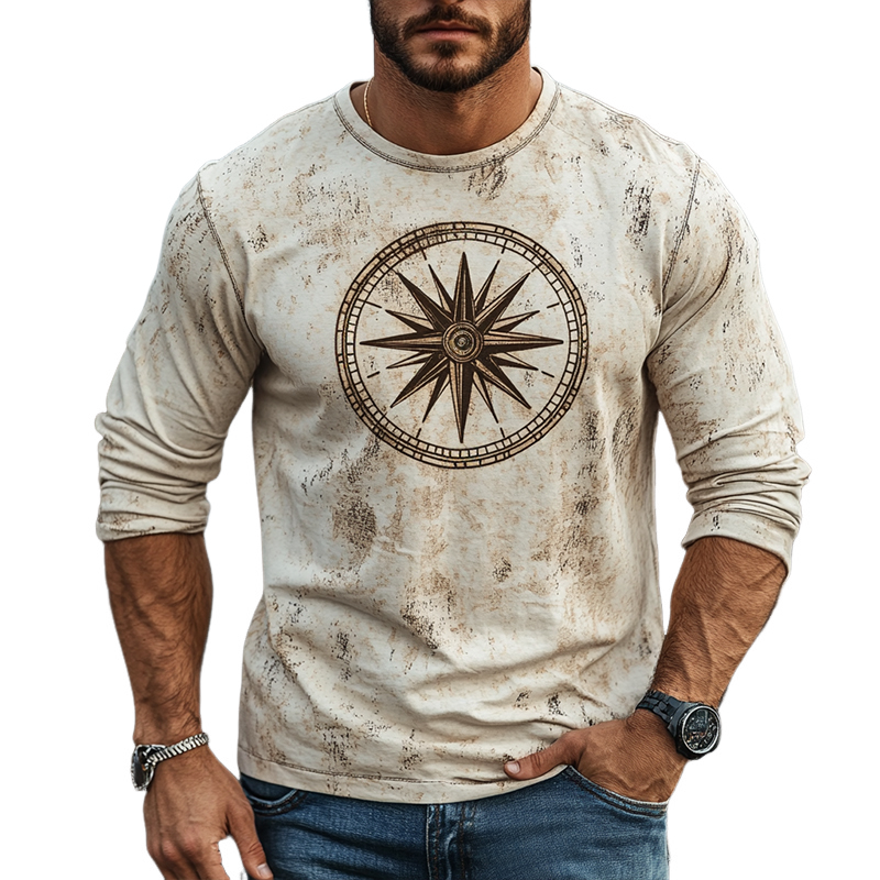 Men's Retro Casual Nautical Compass Printed Round Neck Long Sleeve T-Shirt 9911546183864