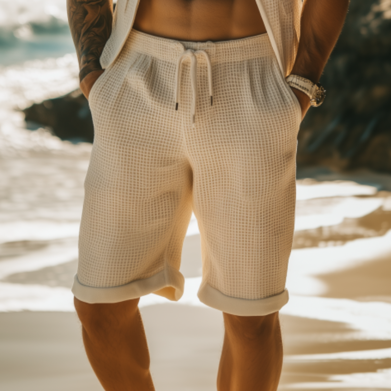 Men's Classic Casual Elastic Waist Knee Length Waffle Shorts 9918991466680