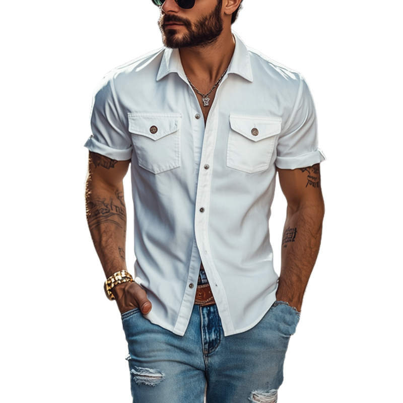 Men's Classic Casual Solid Color Slim Fit Multi-Pocket Short Sleeve Shirt 9907265339576
